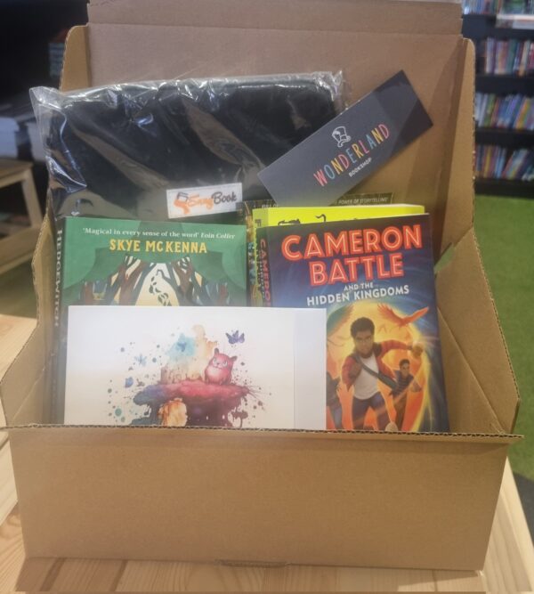 Photo of Wonder Box - a box containing a book pouch, a card and four books.